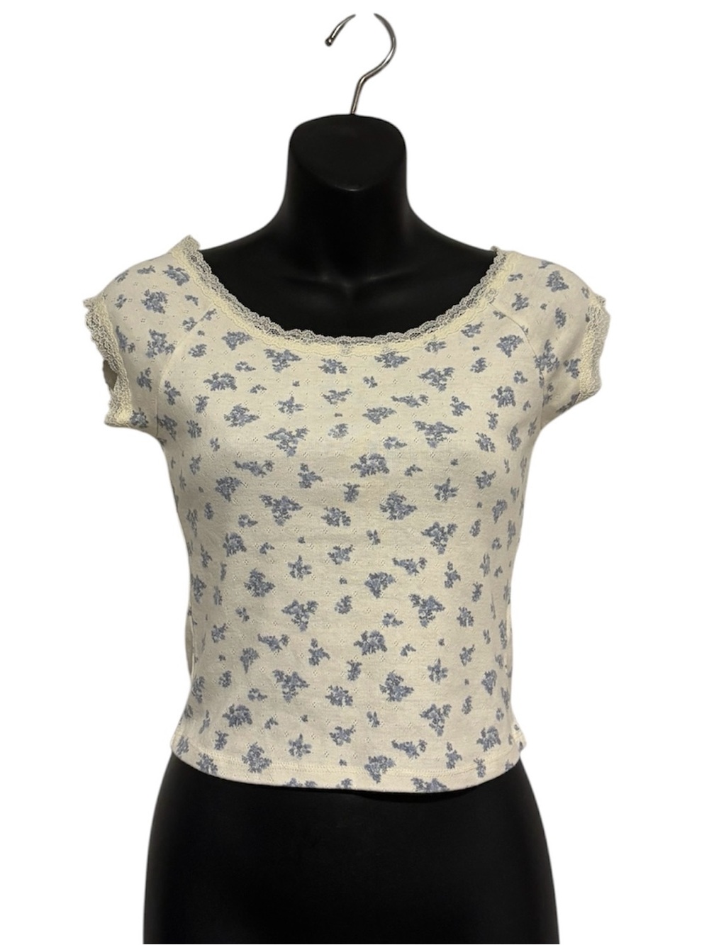 Pink Rose Floral Lace-Trim Pointelle Baby Tee size Small